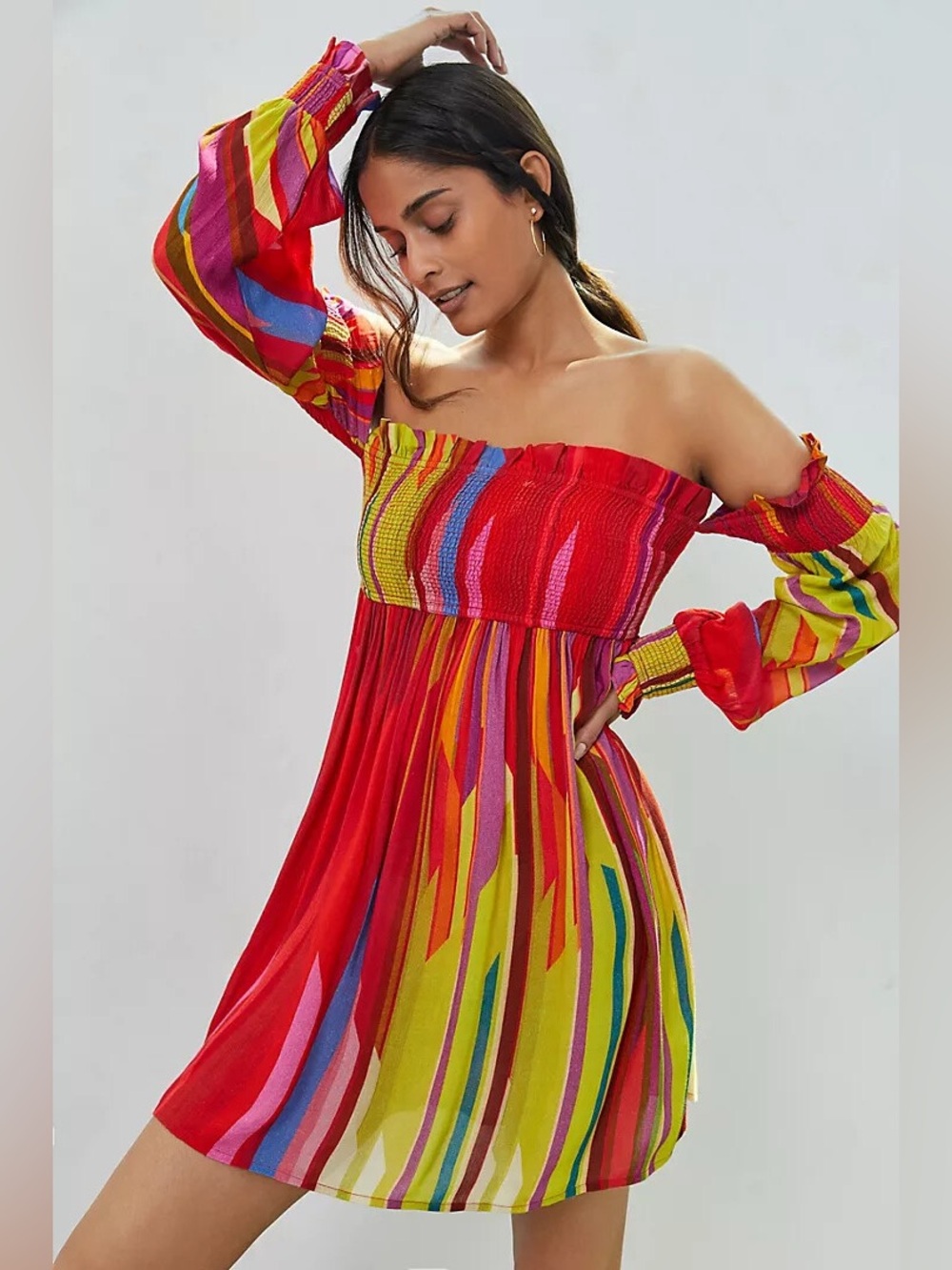 Conditions Apply Multicolor Stripe Boho Peasant Dress Large Viscose Rufffle